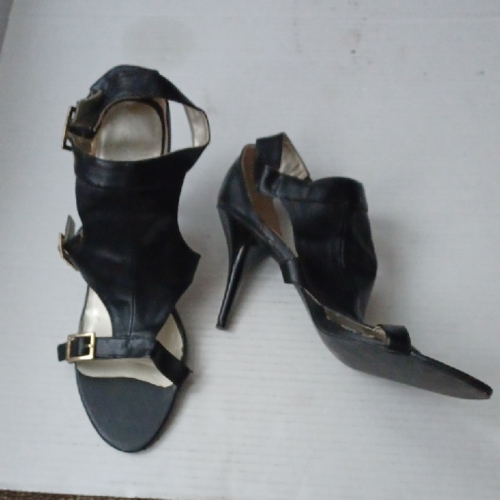 $4 Add-on Leather-Like Black Stiletto Heels with Triple Strap Tie-Up - Size 10